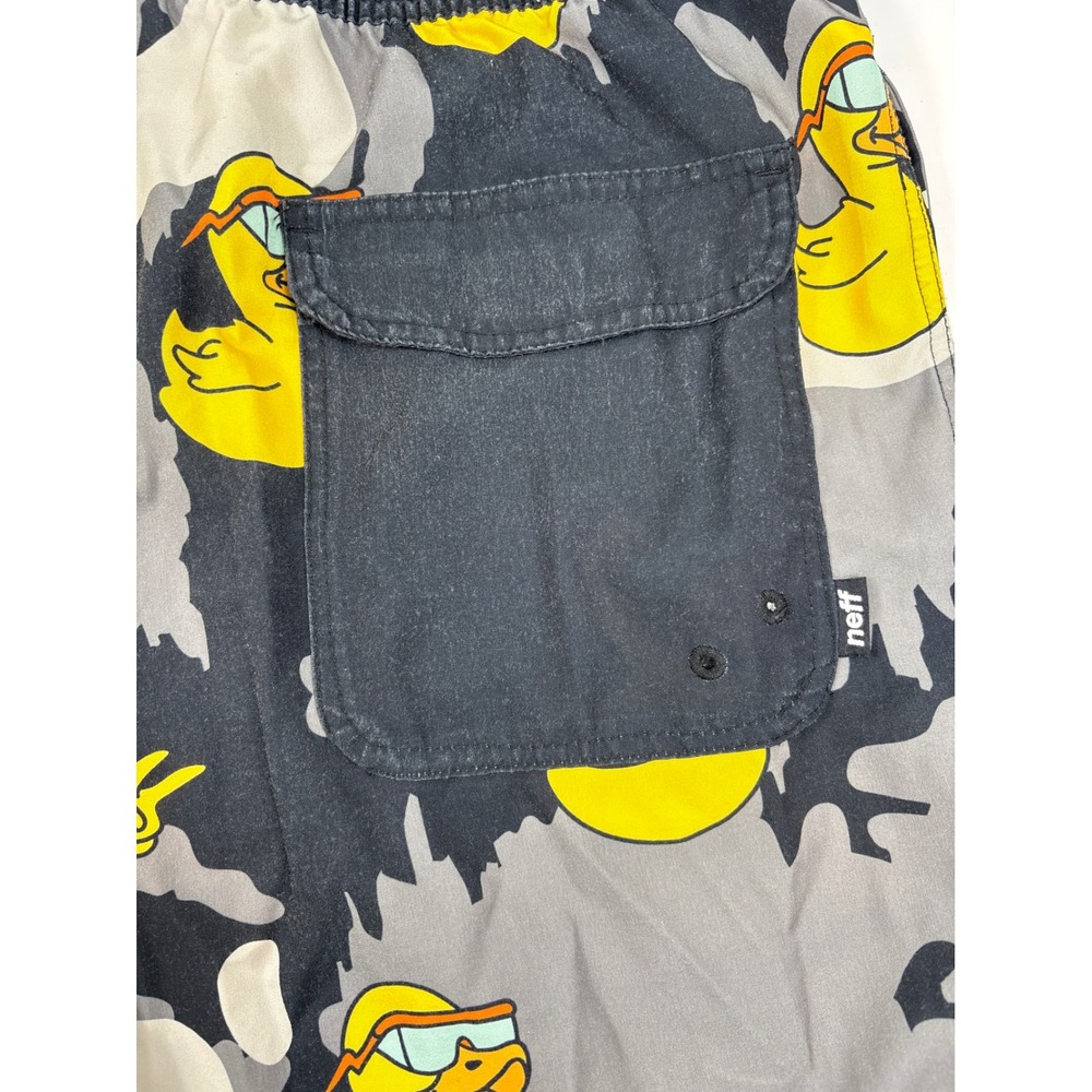 Neff Mens XL Camo Duck Graphic Swim Trunks Gray Black Yellow Drawstring Shorts - Picture 10 of 10